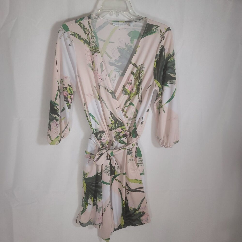 New York & Co Tropical Floral Faux Wrap Romper Tie Waist Pockets Pink Green XS